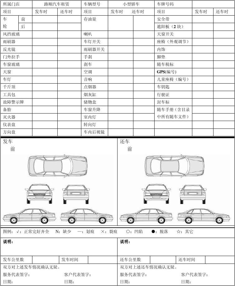 北海路顺汽车租赁验车单